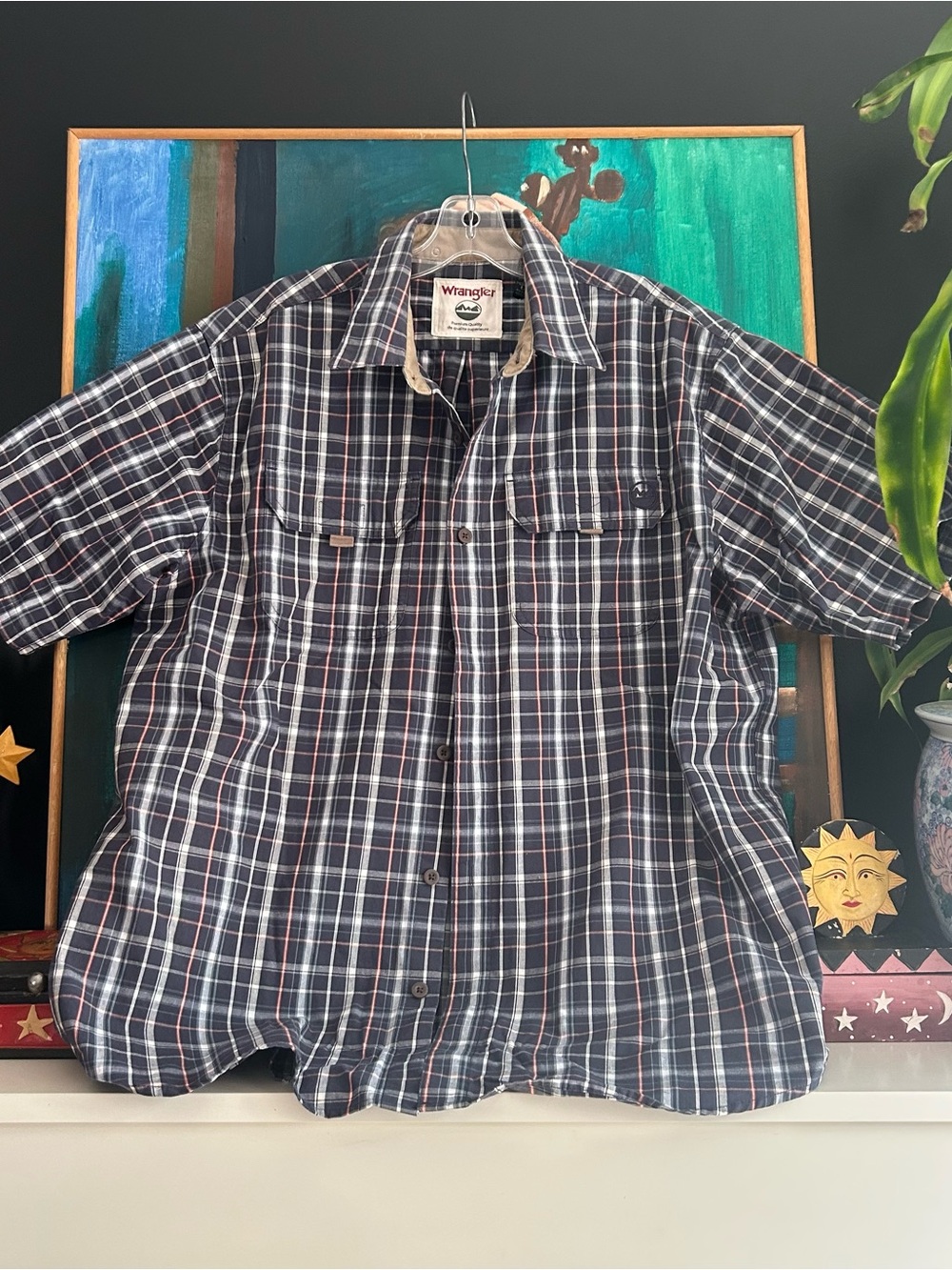 Wrangler Navy Plaid Short Sleeve Button-Up Shirt L
